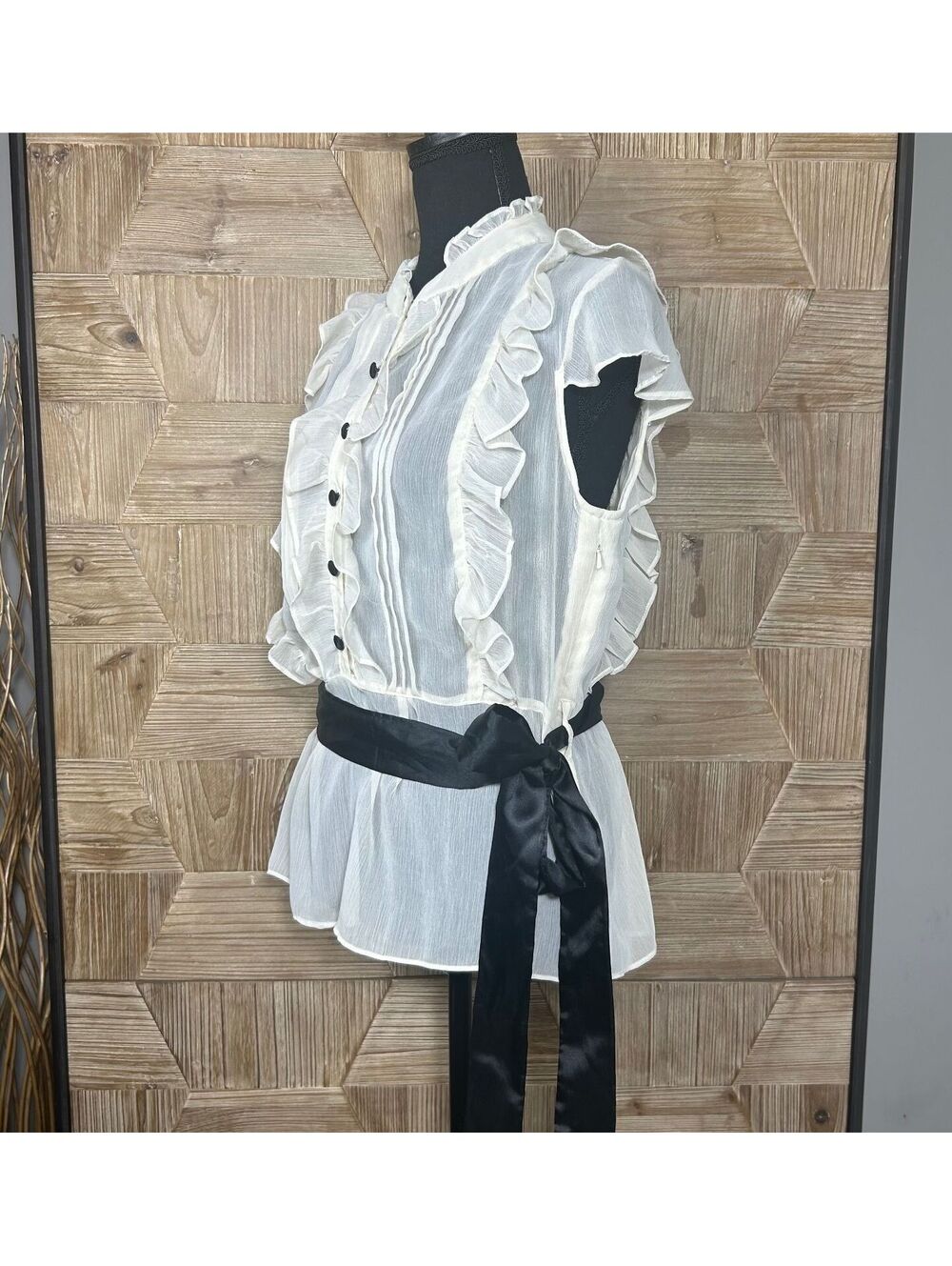 Vintage Dimri Coquette Cream Ruffle Tuxedo Blouse Large Black Satin Sash Belt - Picture 5 of 9